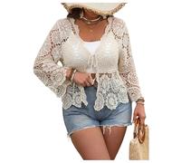 GORGLITTER Women's Crochet Hollow Out Tie Front Cardigans Plus Size V Neck Long Sleeve Lightweight Sheer Oversized Cardigan Top Beige L Plus