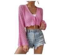 GORGLITTER Women's Crochet Tie Front Crop Tops Hollow Out Long Sleeve Cropped Light Weight Cardigan Sweater Beach Cover Up Beachwear Pink Small