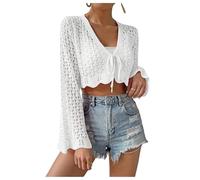 GORGLITTER Women's Crochet Tie Front Crop Tops Hollow Out Long Sleeve Cropped Light Weight Cardigan Sweater Beach Cover Up Beachwear White X-Large