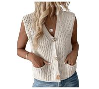 GORGLITTER Women's Crochet V Neck Button Down Sweater Vests Elegant Knitted Waistcoat Crop Sleeveless Jumper with Pockets Apricot S