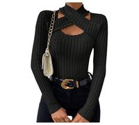 GORGLITTER Women's Cross Criss Mock Neck Cutout T Shirts Rib Knit Long Sleeve Stretchy Fitted Tops Trendy Base Layer Black Large