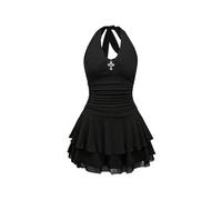 GORGLITTER Women's Cross Decor Tiered Ruffle Sleeveless Halter Dress Ruched Backless A Line Swing Party Mini Dress Black Large