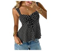 GORGLITTER Women's Cute Polka Dots Babydoll Tank Top Drawstring Tie Front Ruffle Peplum Tops for Going Out Party Black Large