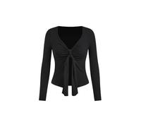 GORGLITTER Women's Deep V Neck Long Sleeve Tops Tie Knot Front Ruched Split T Shirts Going Out Top Black X-Small