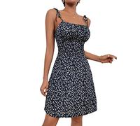 GORGLITTER Women's Ditsy Floral Ruched Bust Cami Short Dress Tie Shoulder A Line Summer Mini Dresses Navy Blue XS