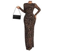 GORGLITTER Women's Elegant Leopard Bodycon Maxi Dress Cheetah Ruched Crewneck Long Sleeve Party Club Pencil Dresses Brown L