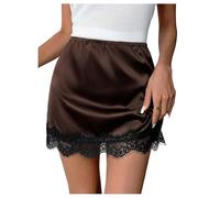 GORGLITTER Women's Elegant Satin Contrast Lace Mini Skirts Elastic Low Waist Date Night Cocktail Short Skirt Coffee Brown Medium