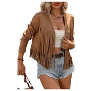 GORGLITTER Women's Faux Suede Studded Fringe Jackets Long Sleeve Open Front Cardigan Cowgirl Outfit Western Brown Small