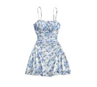 GORGLITTER Women's Floral A Line Flared Mesh Cami Mini Dress Ruched Beach Vacation Dresses Blue and White X-Small
