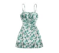 GORGLITTER Women's Floral A Line Flared Mesh Cami Mini Dress Ruched Beach Vacation Dresses Green Large