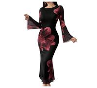 GORGLITTER Women's Floral Bodycon Fishtail Maxi Dresses Mesh Bell Long Sleeve Crewneck Elegant Wedding Guest Dress Black Medium
