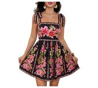 GORGLITTER Women's Floral Boho Skater Mini Dresses Tie Shoulder Smocked A Line Ruffle Dress Going Out Sundress Black Medium