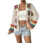 GORGLITTER Women's Floral Crochet Hollow Out Cardigans Open Front Long Sleeve Loose Lightweight Outerwear Beige Medium