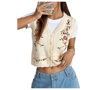 GORGLITTER Women's Floral Embroidery Button Down Sweater Vest V Neck Sleeveless Vintage Cropped Jumpers Knitted Waistcoats Beige Large