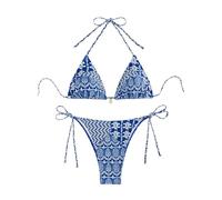 GORGLITTER Women's Floral Geo Print Triangle Bikini Set Halter Tie Top Knot Side 2 Piece Beach Swimwear Blue and White Small