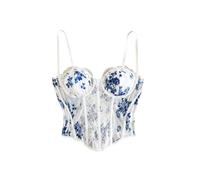 GORGLITTER Women's Floral Lace Bustier Corset Tops Sleeveless Asymmetrical Boned Vintage Cami Top Blue and White X-Large