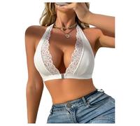 GORGLITTER Women's Floral Lace Front Fastening Bras Halter Deep V Neck Sexy Wireless Bralettes White X-Large