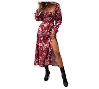 GORGLITTER Women's Floral Long Sleeve Boho Square Neck Maxi Dress Tie Front Split Swing A Line Long Milkmaid Dress Rose Red X-Large