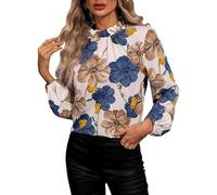 GORGLITTER Women's Floral Print Long Sleeve Blouse Shirt Top Mock Neck Bishop Sleeve Keyhole Back Elegant Office Tee Tops White S