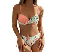 GORGLITTER Women's Floral Print Wrap Push up Bikini Set Swimsuit High Cut Tie Knot 2 Piece Bathing Suits Swimwear Summer Coral Orange L