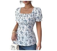 GORGLITTER Women's Floral Puff Short Sleeve Peplum Blouse Square Neck Ruched Slim Fit Boho Shirts Tops Blue and White Small