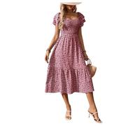 GORGLITTER Women's Floral Square Neck A Line Midi Dress Ruffle Short Sleeve Smocked Holiday Dresses Red Medium