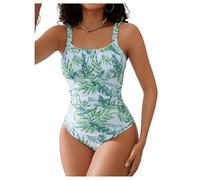 GORGLITTER Women's Floral Square Neck Cami One Piece Swimsuits Ruched Tummy Control Swimming Costume Green X-Large