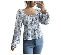 GORGLITTER Women's Floral Square Neck Puff Long Sleeve Blouses Bow Tie Backless Peplum Shirts Elegant Going Out Tops Blue and White Medium