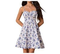GORGLITTER Women's Floral Tie Front Flared Flowy Cami Mini Dress Ruched Bust Beach Holiday Dresses White and Blue Medium