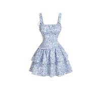 GORGLITTER Women's Floral Tiered Ruffle Short Tank Sundress Square Neck Tie Front Ruched A Line Vacation Dresses Blue and White Large
