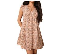 GORGLITTER Women's Floral V Neck Cap Ruffle Sleeve Dress Ruched Flared Flowy Mini Dresses Loose Beach Sundress Beige Medium