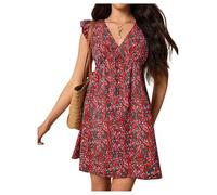 GORGLITTER Women's Floral V Neck Cap Ruffle Sleeve Dress Ruched Flared Flowy Mini Dresses Loose Beach Sundress Red Medium