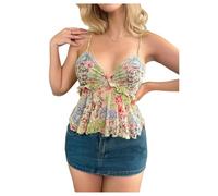 GORGLITTER Women's Floral V Neck Ruffle Crop Cami Tops Sleeveless Frill Trim Flared Coquette Camisole Top Green Medium