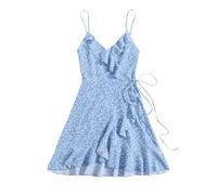 GORGLITTER Women's Floral V Neck Wrap Ruffle Dress A Line Flared Flowy Boho Beach Cami Mini Dresses Light Blue X-Large