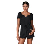 GORGLITTER Women's Frill Trim Short Sleeve Jumpsuit Tie High Waist Notched Neck Waffle Knit Romper Casual Vacation Playsuit Black Large