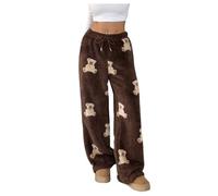 GORGLITTER Women's Fuzzy Teddy Bear Print Cute Trousers Fleece Warm Elastic Waist Straight Leg Lounge Pants Mocha Brown X-Small