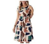 GORGLITTER Women's Geo Print Flared Ruffle Knee Length Dress Colorblock Crewneck Short Sleeve Holiday Tunic Dresses Beige Medium