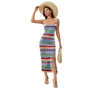 GORGLITTER Women's Geo Print Split Thigh Bodycon Midi Tank Sundress Square Neck Sleeveless Beach Vacation Midi Dresses Green Multicolor Small