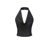 GORGLITTER Women's Glitter Halter Neck Top Draped Ruched Backless Slim Fit Club Going Out Crop Tops Black Medium