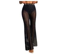 GORGLITTER Women's Glitter High Waisted Sheer Mesh Swimsuit Cover Up Pants Flare Leg Bikini Beach Pants Swimwear Black X-Large