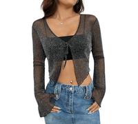 GORGLITTER Women's Glitter Mesh Sheer V Neck T Shirts Long Sleeve Tie Asymmetrical Slit Fitted Crop Tops Black Large