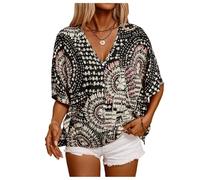 GORGLITTER Women's Graphic V Neck Dolmen Sleeve Blouses Short Sleeve Boho Loose Oversized Tops Beach Holiday Shirts Black Small