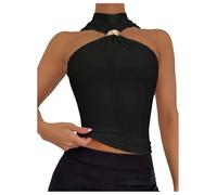 GORGLITTER Women's Halter Neck Tops Metal Decor Mock Turtle Neck Ruched Sleeveless Slim Fit Elegant Top Black Small