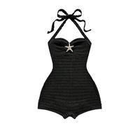 GORGLITTER Women's Halter Tie Back Jumpsuits Bodycon Shorts Romper Metal Star Decor Summer Vacation Jumpsuit Black Large