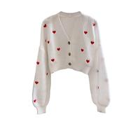 GORGLITTER Women's Heart Embroidery Button Down Cardigans V Neck Long Sleeve Loose Trendy Cropped Sweaters White Medium