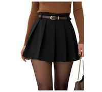 GORGLITTER Women's High Waist Belted Pleated Mini Shorts A Line Flared Hem Elegant Office Shorts Black Small