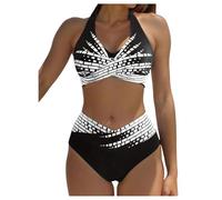 GORGLITTER Women's High Waisted Bikini Set Halter Geo Print Cross Strap Colorblock 2 Piece Swimwear Black and White X-Large