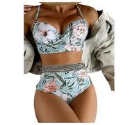 GORGLITTER Women's High Waisted Swimwear Push Up Floral Tropical Tummy Control 2 Piece Holiday Summer Swimsuits Light Green Large
