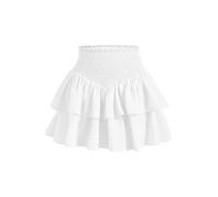 GORGLITTER Women's High Waisted Tiered Ruffle Mini Skirts Double Layer Hem A Line Swing Smocked Cute Cake Skirt White X-Small