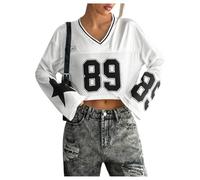 GORGLITTER Women's Jersey Shirts for Women Number Graphic V Neck Long Sleeve Loose Mesh 90s Crop Tee Tops White Small